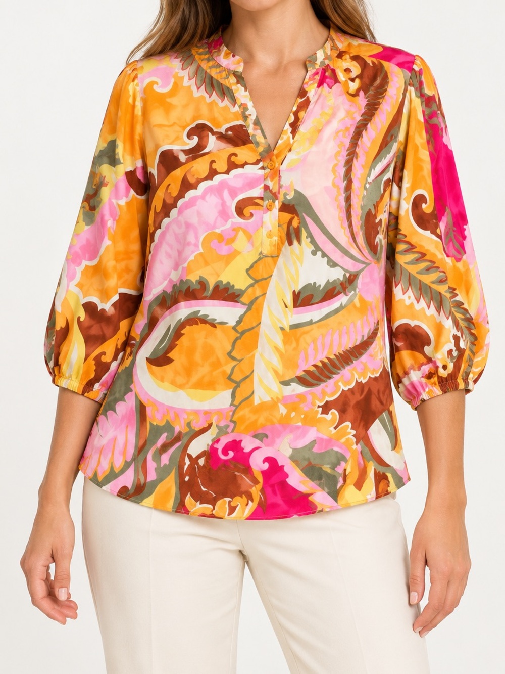b.young BYMMJOELLA Vibrant Paisley V-Neck Blouse – Size 36 NWT